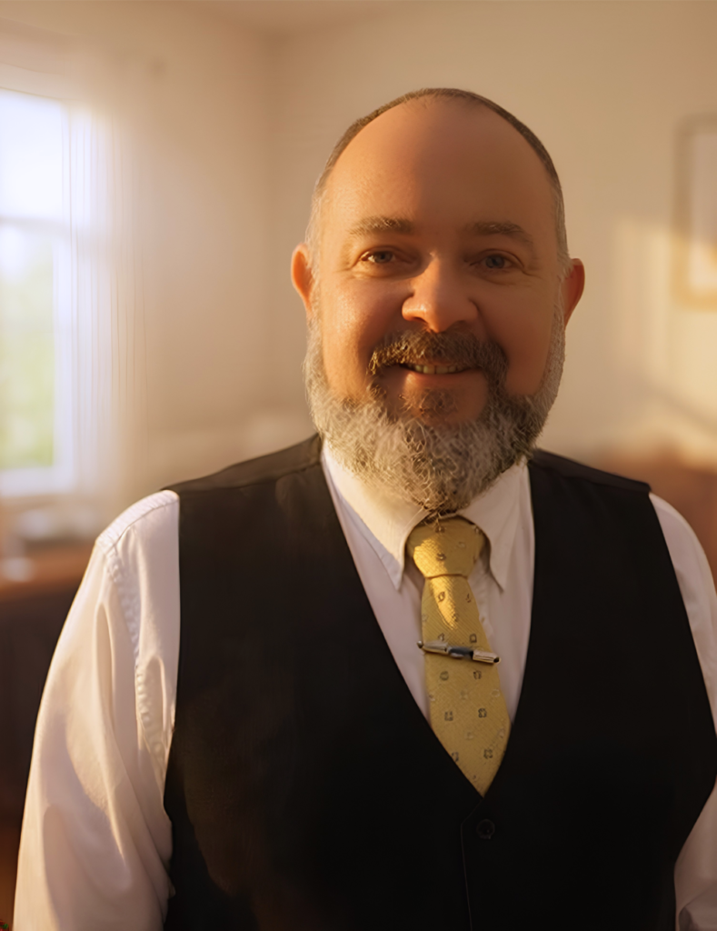 Marc Larkin in a suit against a blurred domestic background.